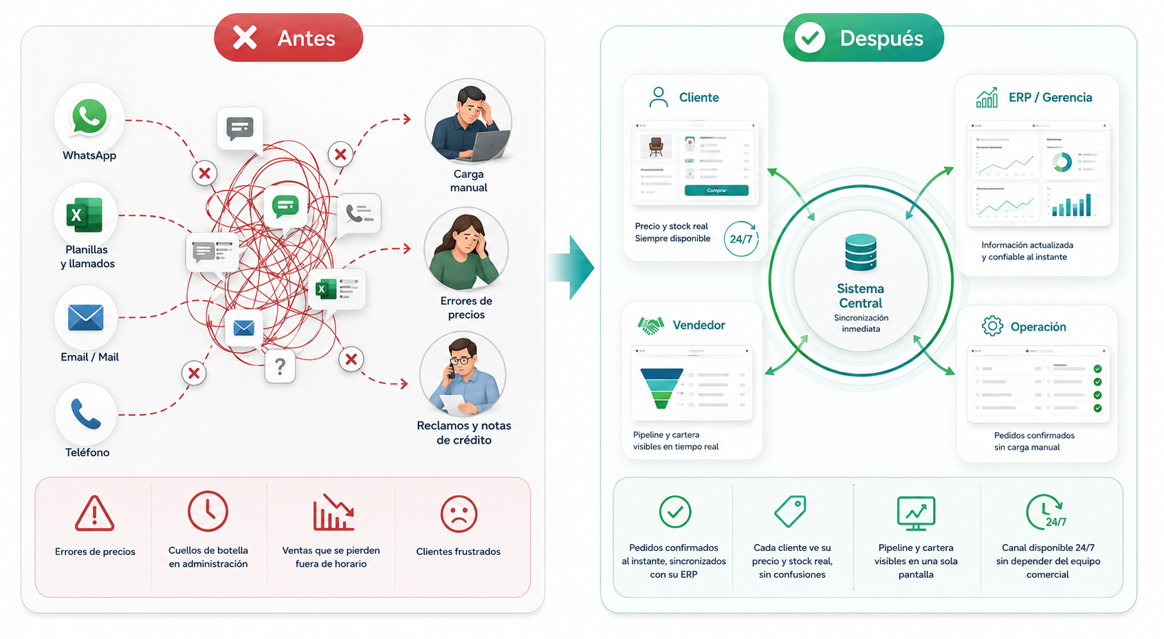 Antes: pedidos por WhatsApp, planillas y teléfono generan errores, carga manual y clientes frustrados. Después: Portal Condor centraliza cliente, vendedor, gerencia y operación con sincronización inmediata al ERP.